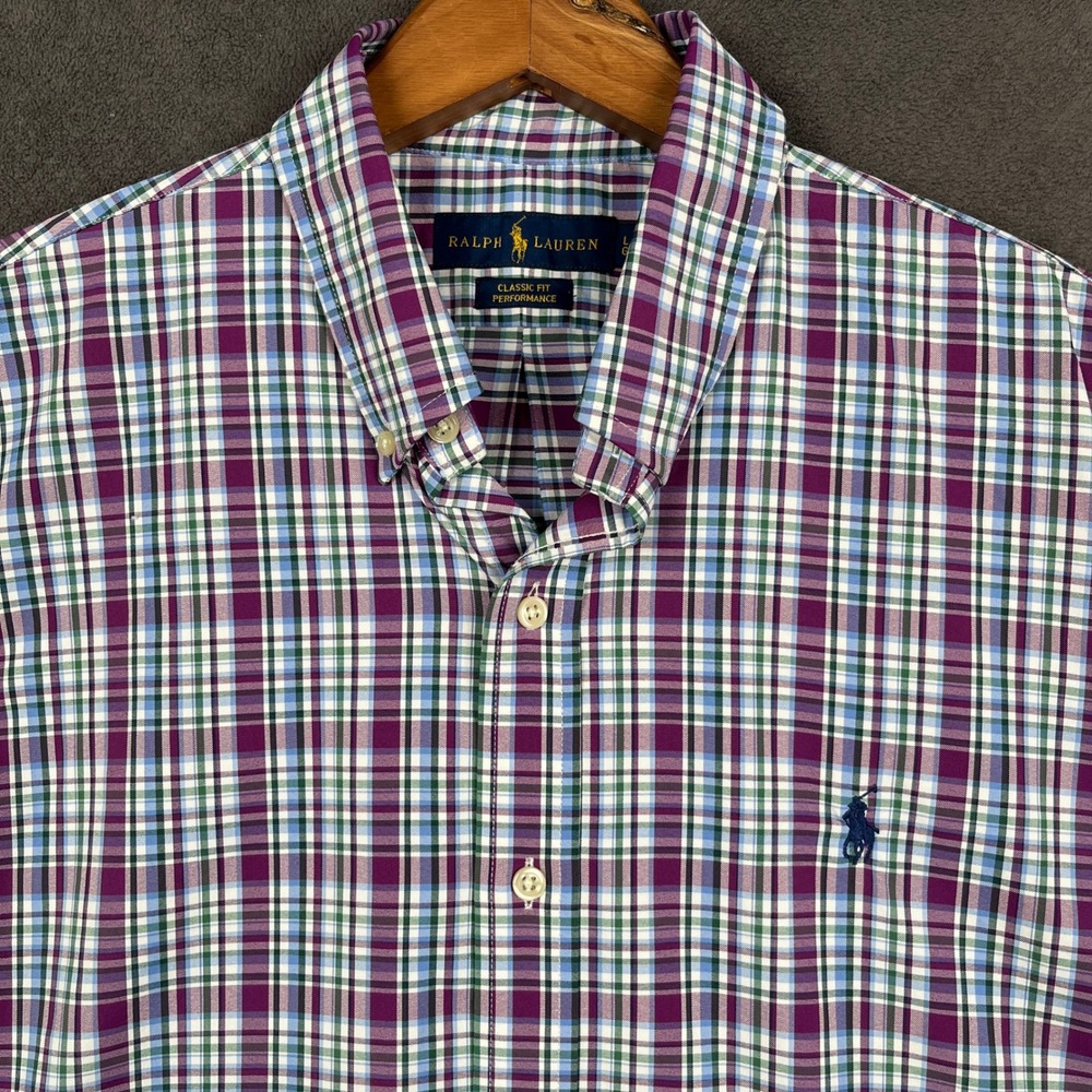 Ralph Lauren Shirt Mens Large Purple Plaid Classic Fit Performance Long Sleeve